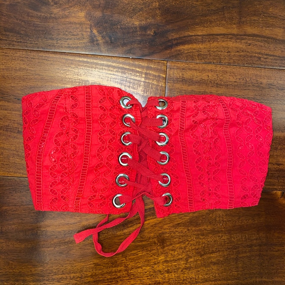 Red crochet lace up strapless crop top